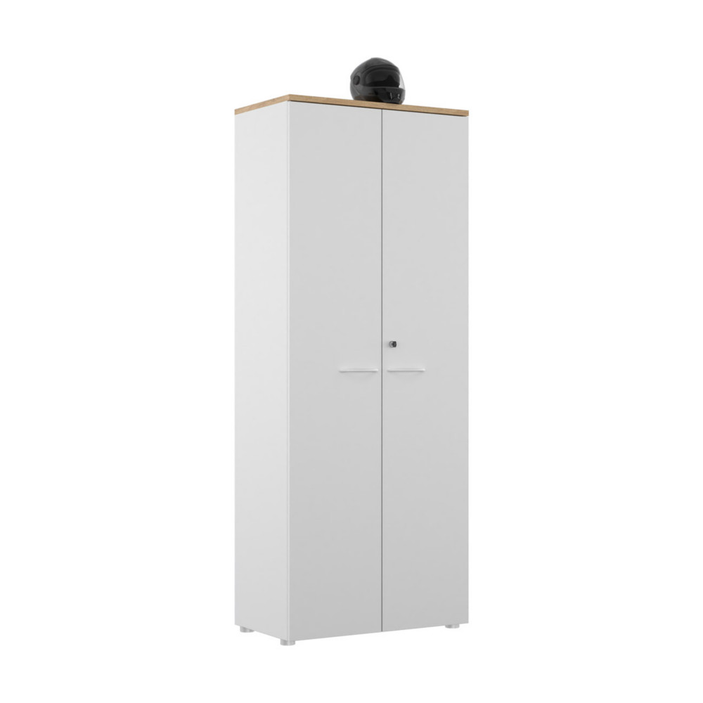 Armoire haute portes battantes L.80 x P.48 x H.203 cm - Corps Blanc - Top Chne Nebraska