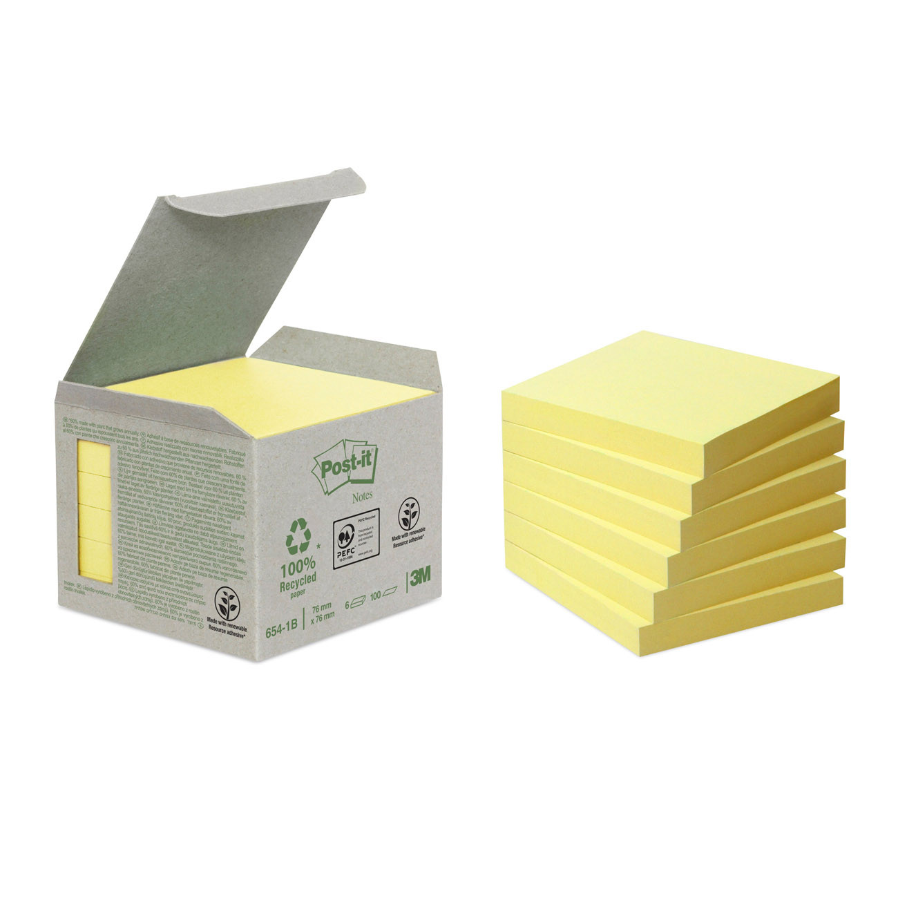 Post-it Notes adhésives en mini tour, 100 feuilles, papier recyclé, jaune, 76 x 76 mm