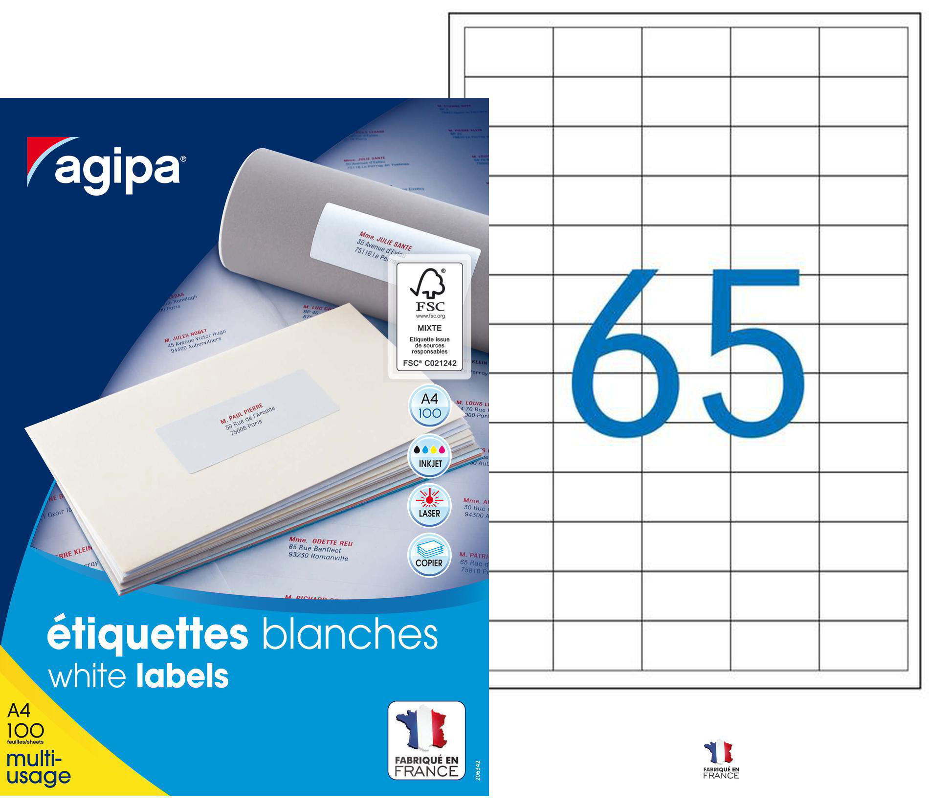 AGIPA 118990 Étiquettes blanches multi-usage 38 x 21,2 mm - Boîte de 6500