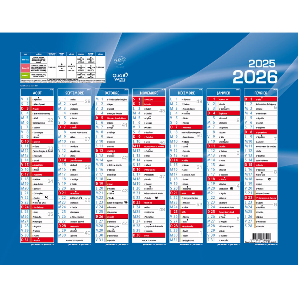 Quo Vadis Calendrier mural annuel Rentre des classes 7 mois par face - 27 x 21 cm - 2025/2026