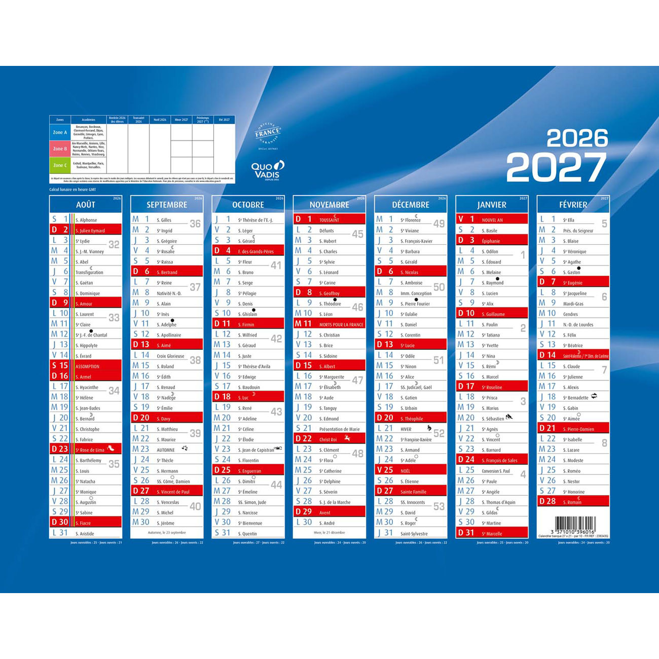 Quo Vadis Calendrier mural annuel Rentrée des classes 7 mois par face - 27 x 21 cm - 2026/2027