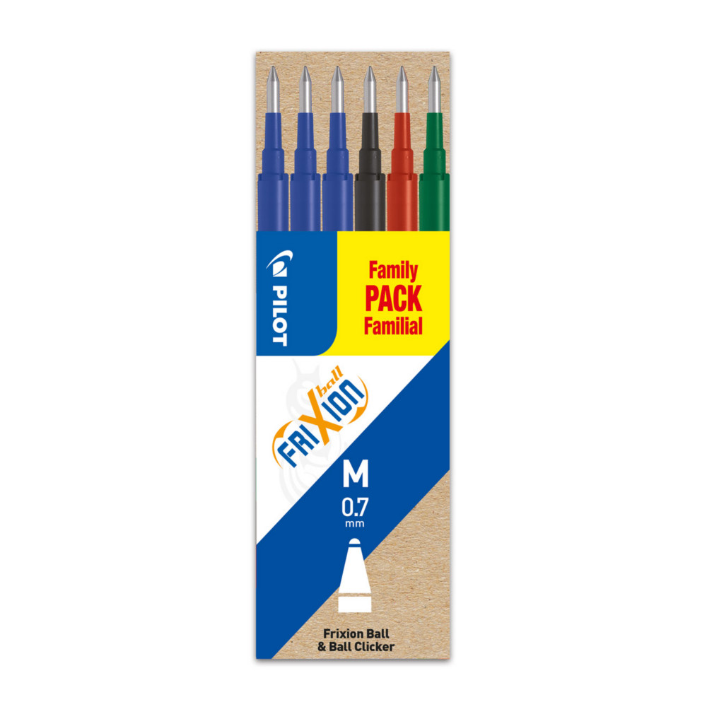 Pilot Recharge pour stylo roller encre gel effaable FriXion Ball et FriXion Clicker pointe moyenne 0,7 mm - Pochette de 6 couleurs assorties