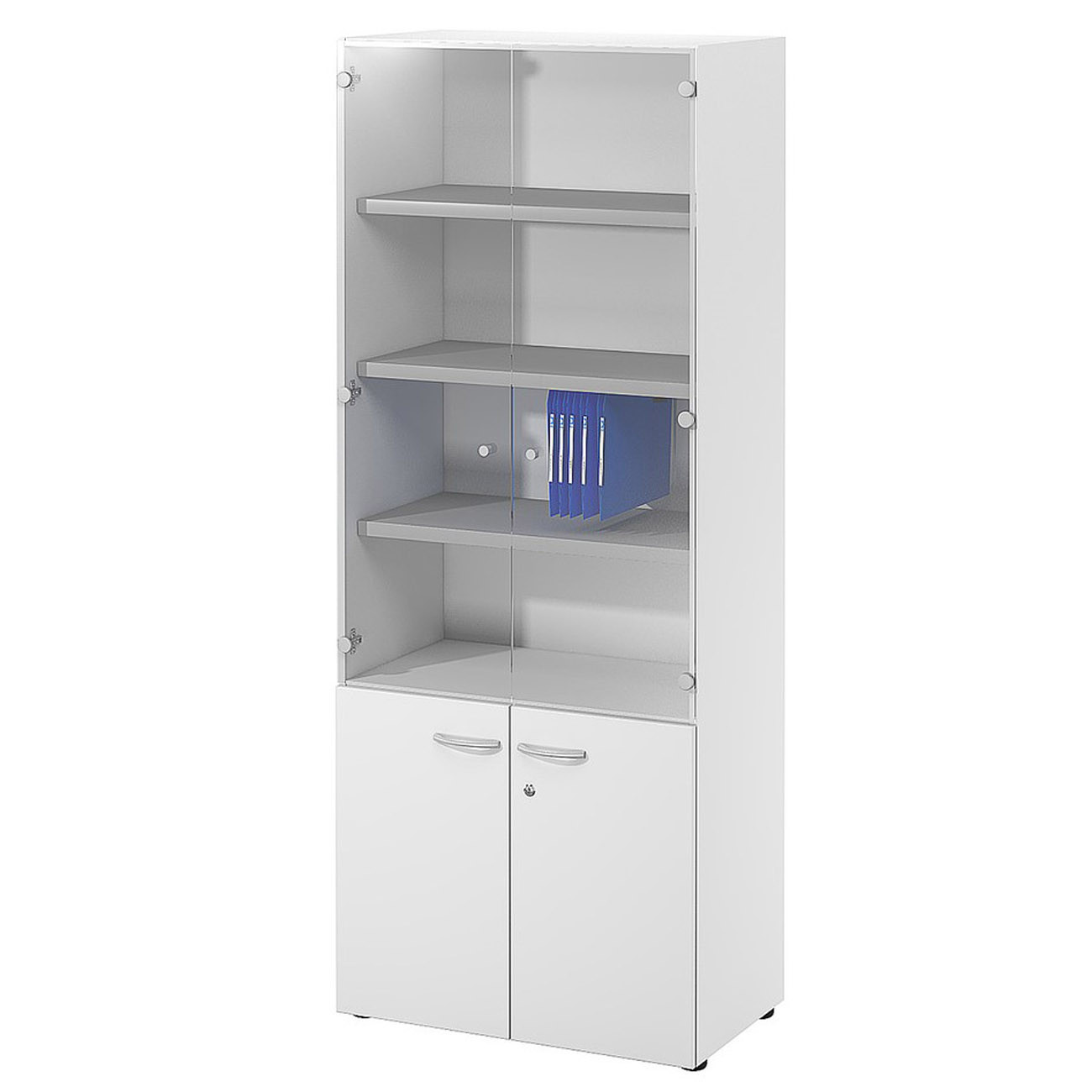 Bibliothèque haute 4 portes dont 2 vitrées L.80 x P.48 x H.201 cm - Corps Blanc - Top Blanc