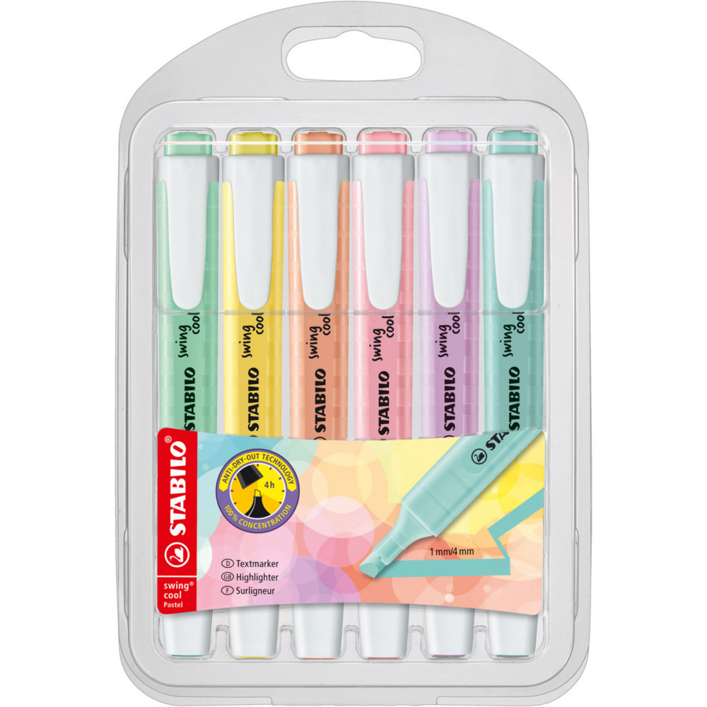 STABILO swing cool Pastel Surligneur pointe biseaute 1 et 4 mm - Coloris assortis - Pochette de 6