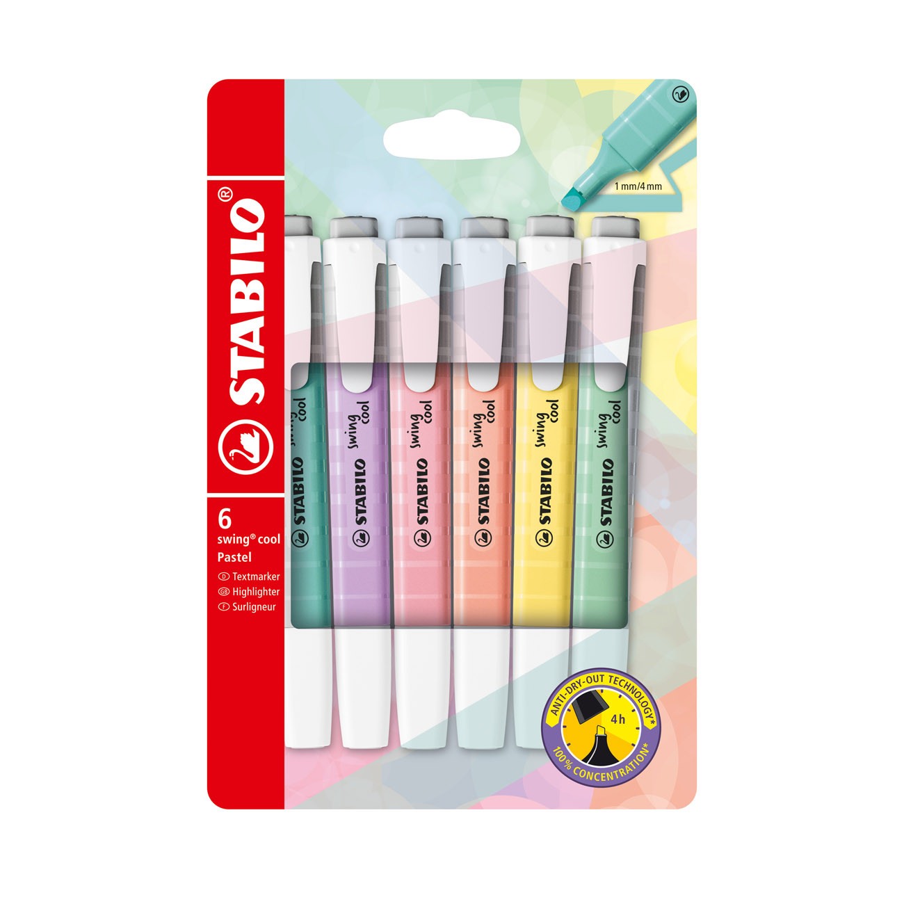 STABILO swing cool Pastel Surligneur pointe biseautée 1 et 4 mm - Coloris assortis - Etui de 6