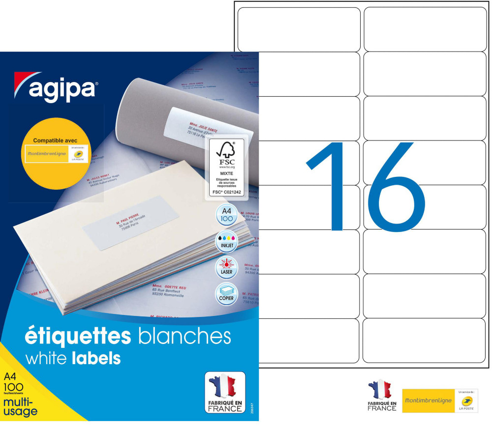 AGIPA 118985 Etiquettes blanches multi-usage 99,1 x 33,9 mm - Bote de 1600