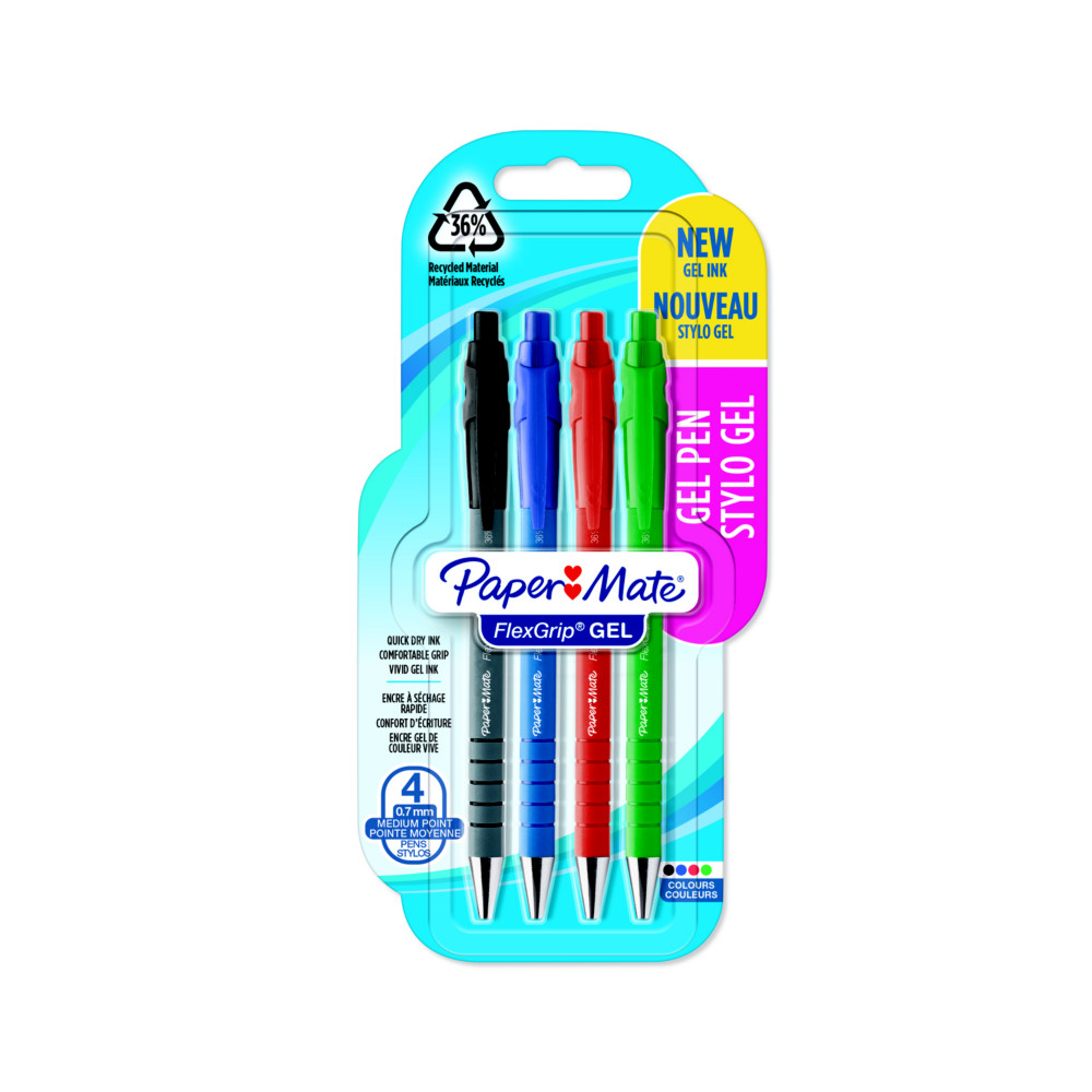 Paper Mate Flexgrip Gel - Stylo bille encre gel rtractable pointe moyenne 0,7 mm -  4 couleurs assorties