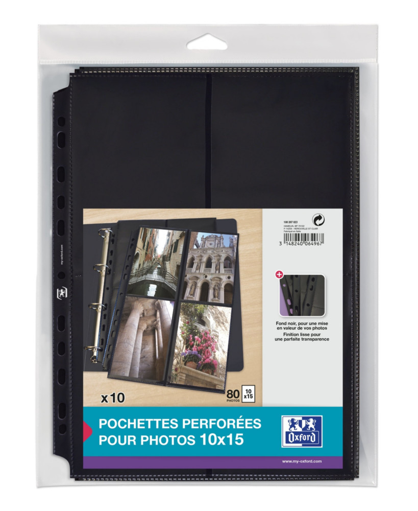 Oxford Pochettes perfores pour 8 photos 10 x 15 cm PP lisse incolore fond noir - Lot de 10
