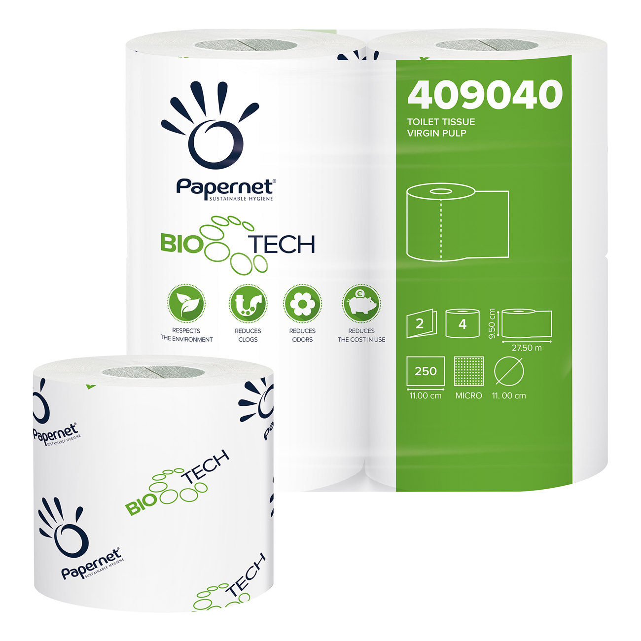 Papernet Papier toilette Bio Tech en rouleaux pure ouate de cellulose 2 plis - Rouleau de 250 feuilles  - 409040 - Blanc - Paquet de 4 rouleaux