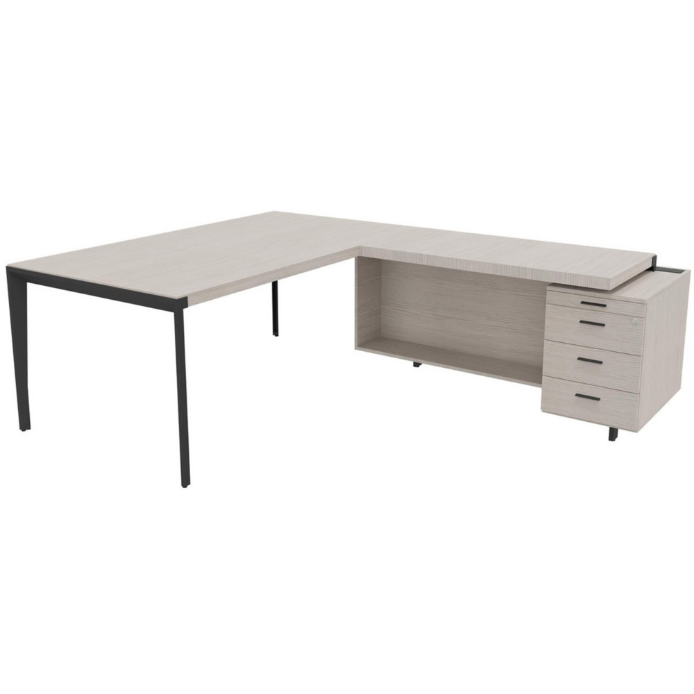 Bureau d'angle direction Arold 192 x 234 avec retour caisson porteur  droite Placage bois orme gris - Pitement mtal gris