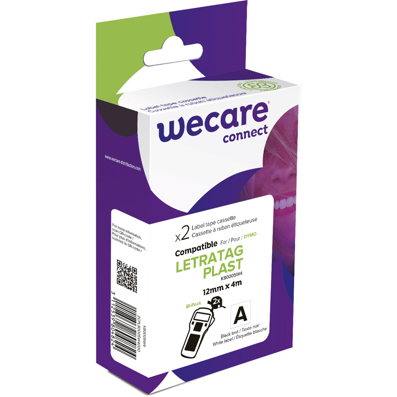 Wecare Ruban compatible Letratag Plast Dymo K80005W4 - Cassette 12 mm x 4 m - Boîte de 2 - Noir sur Blanc