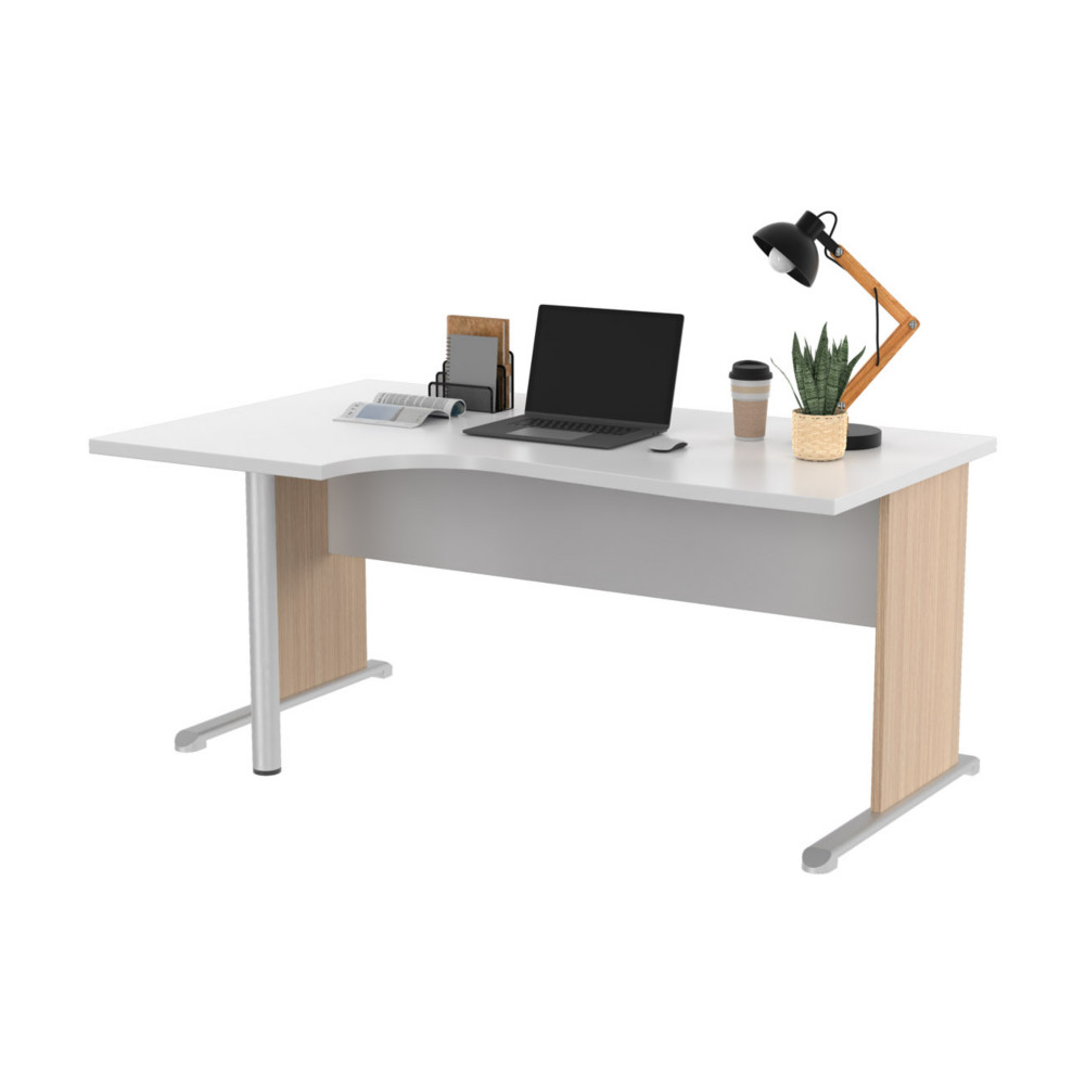 Bureau d'angle compact retour  gauche Pronto Bois - L.160 x P.100 cm - Plateau Blanc - Pieds L Chne