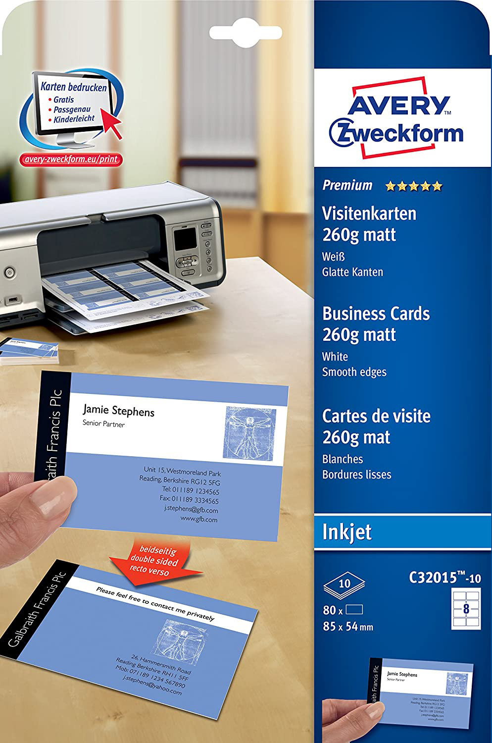 Avery C32015-10 - Cartes de visite blanches à bords lisses - 85 x 54 mm - Impression jet d'encre