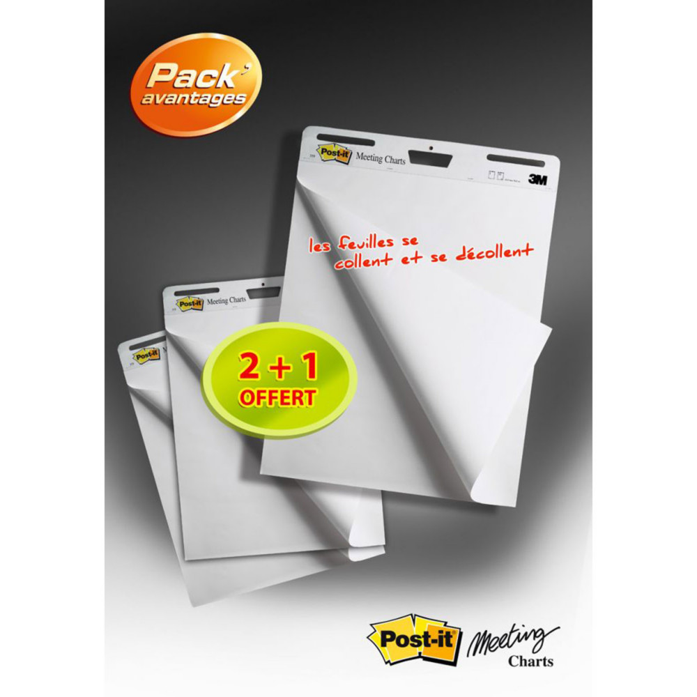 Post-it Recharge chevalet SuperSticky papier blanc - L.63,5x H.76,2 cm - Bloc de 30 feuilles - Lot de 2+1