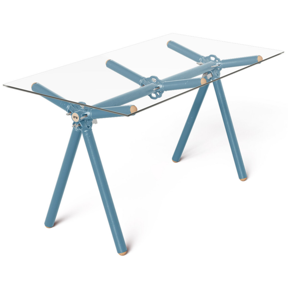Table haute Xylan 6 personnes L. 140 x l. 75 x H. 74 cm - Plateau en verre - Structure et pieds bleu