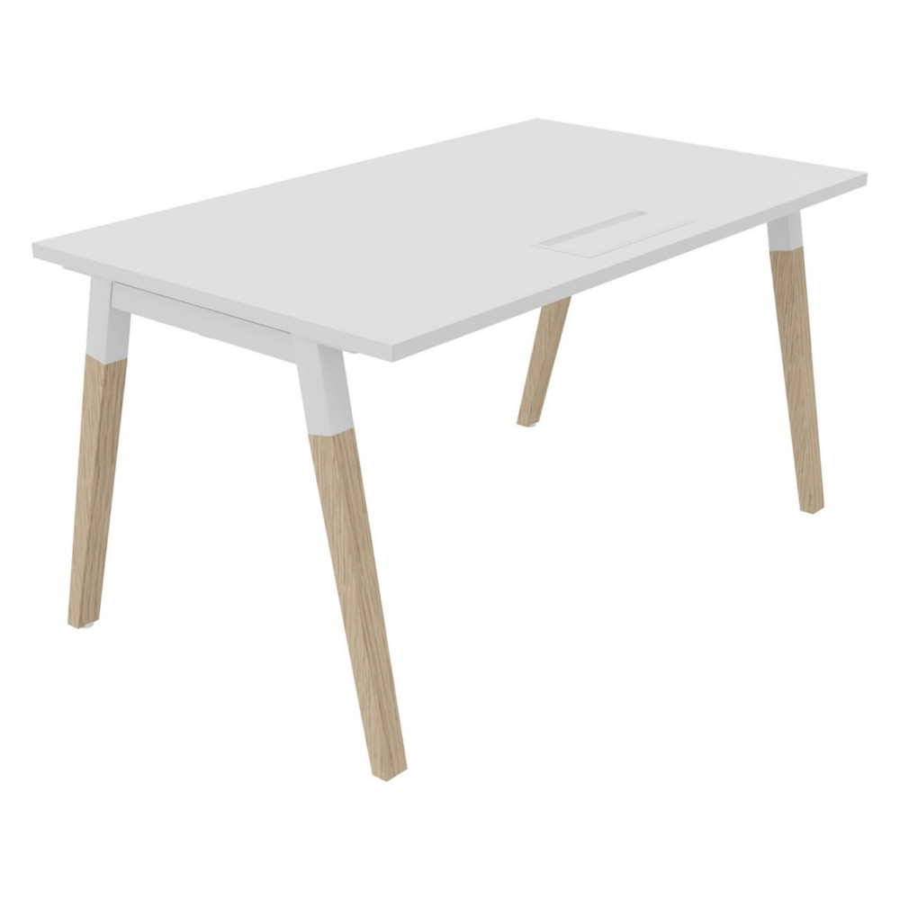 Bureau droit Burocolor A avec trappe d'accs - L.140 x P.80 cm - Plateau Blanc - Pieds Bois/Blanc