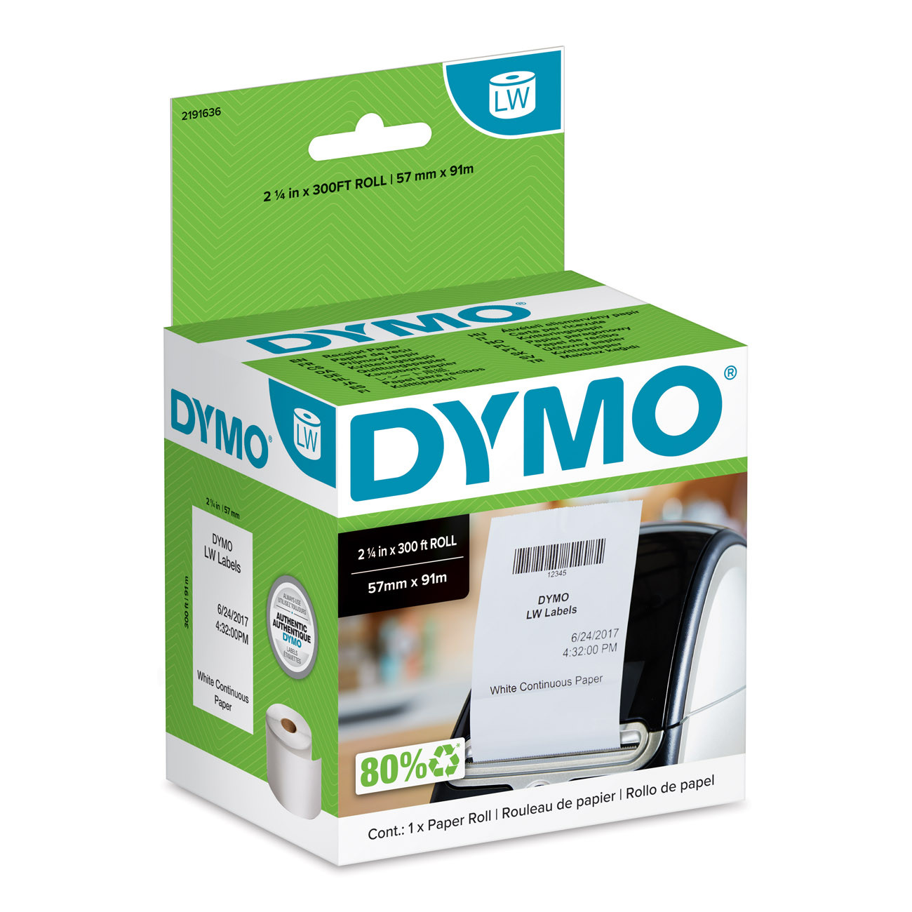 Dymo Rouleau continu de Papier Reçu pour étiqueteuse LabelWriter (LW) - 2191636 - 57 mm x 91 m