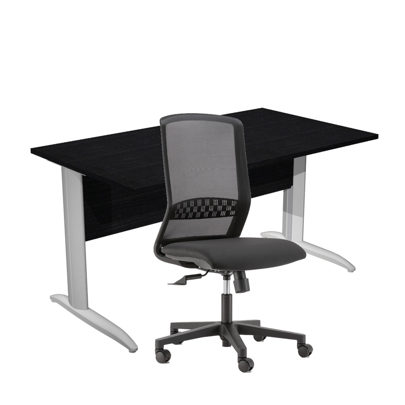 Pack Bureau droit Pronto Métal - L.140 x P.80 cm - Plateau Noir - Pieds L Aluminium + siège Tekna Tissu Noir