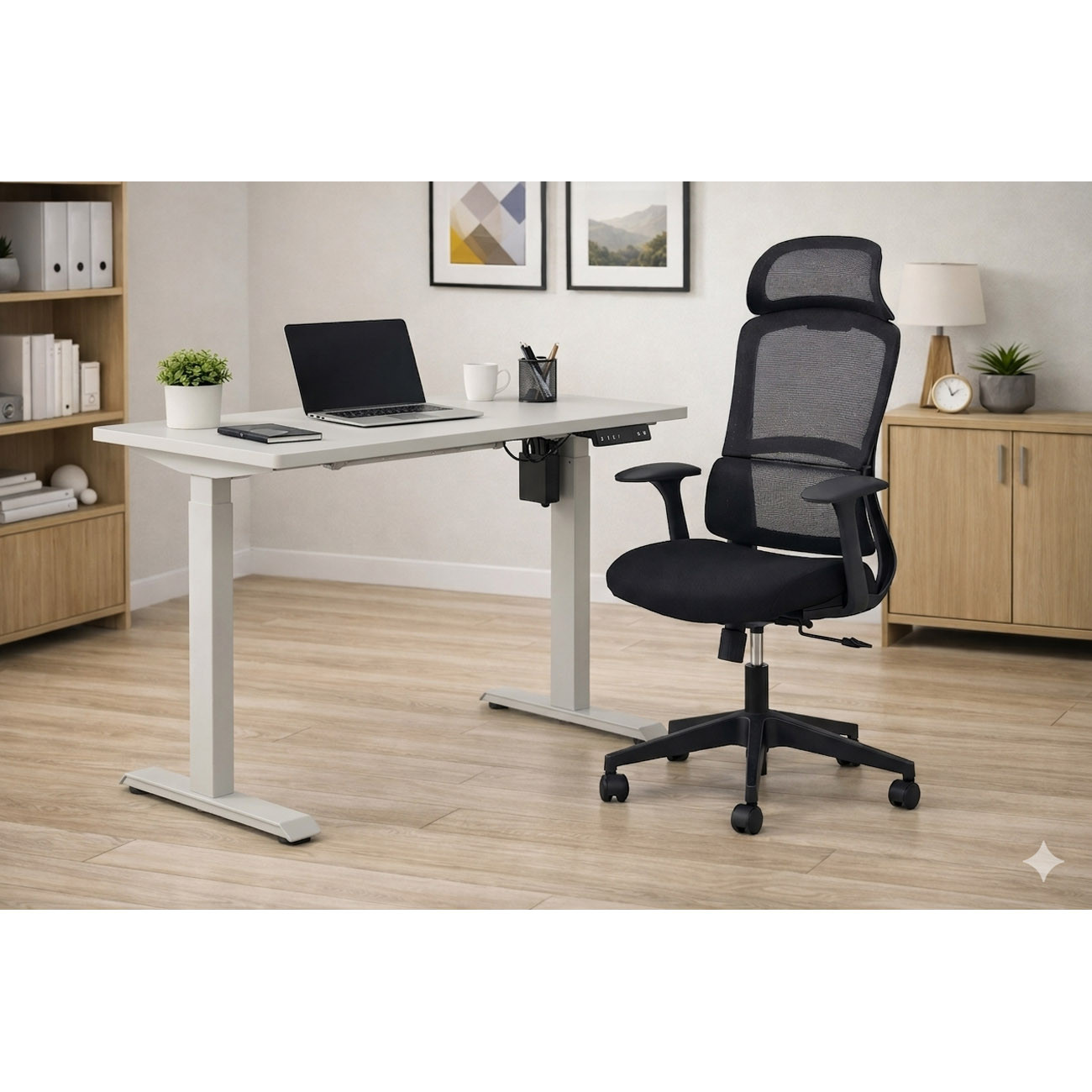 MONDOFFICE Pack Bureau 140 x 80 réglable électrique en hauteur Plateau Blanc - Pied Blanc + Fauteuil Ergonomique M Busty Noir