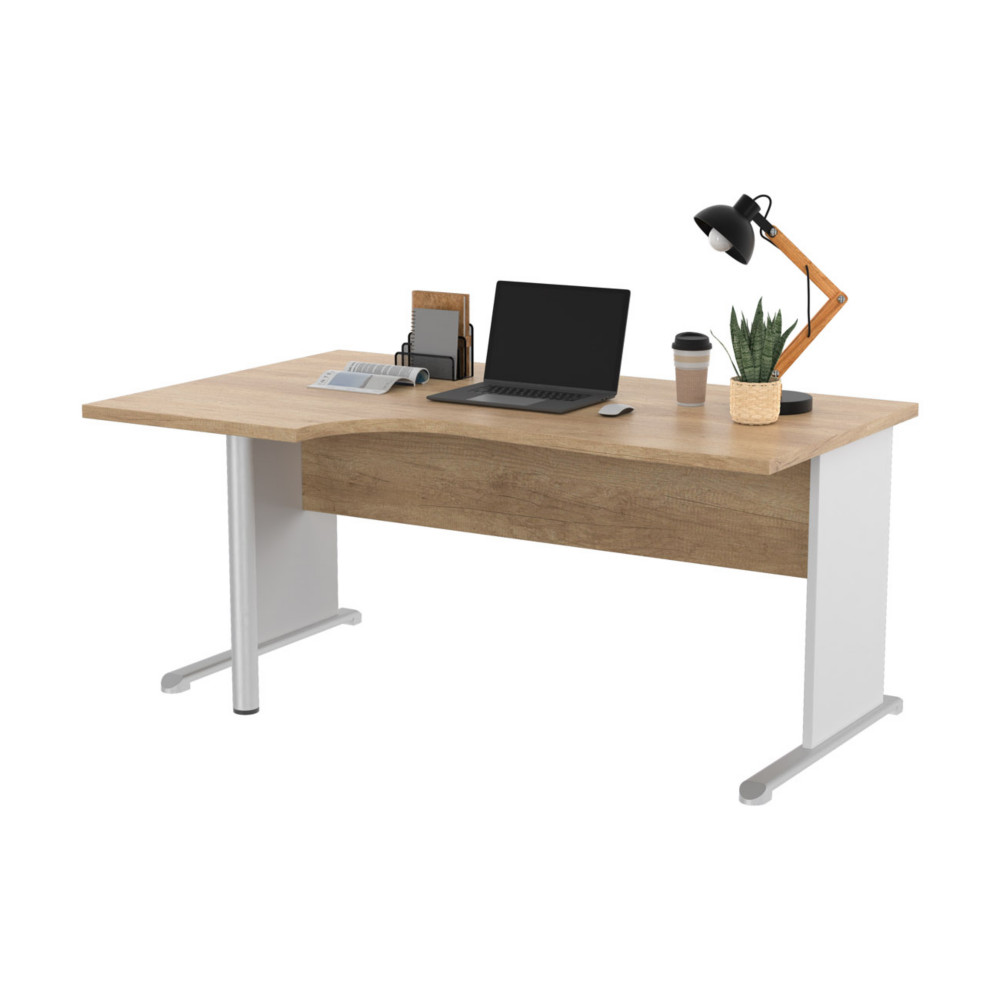 Bureau d'angle compact retour  gauche Pronto Bois - L.160 x P.100 cm - Plateau Chne Canadien - Pieds L Blanc