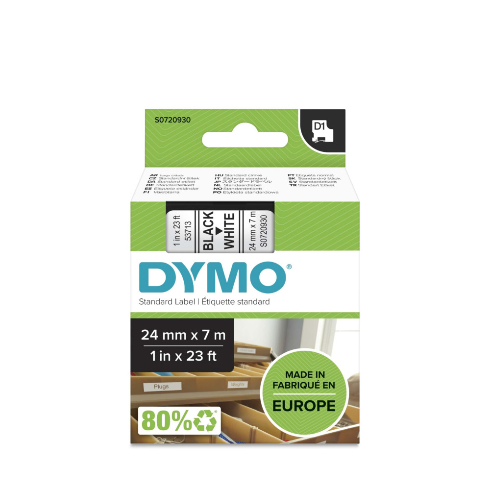Dymo Ruban D1 S0720930 pour tiqueteuse - 24 mm x 7 m - Noir sur Blanc