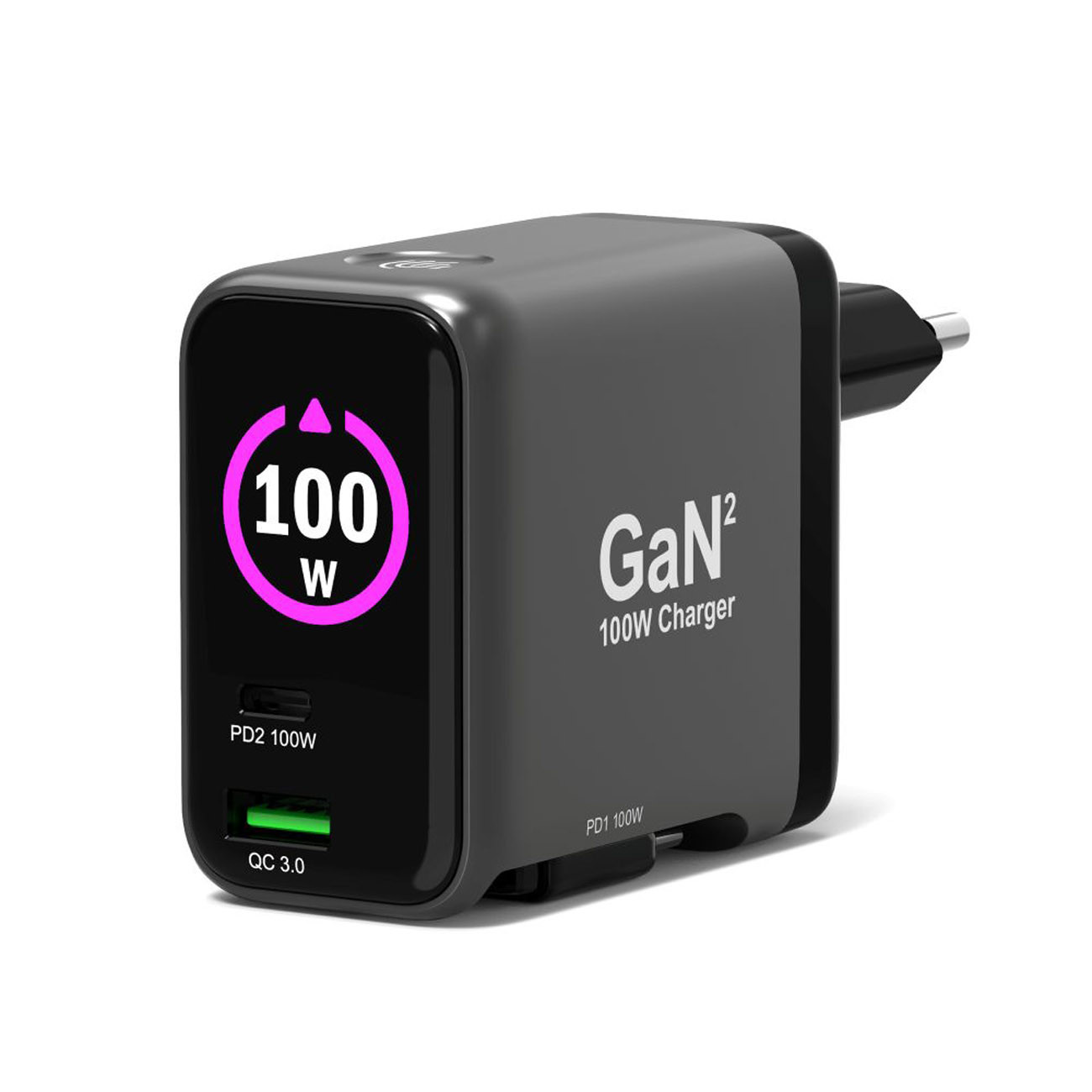 Port Connect Chargeur mural GAN² 100W avec écran - 1x USB-C et 1x USB-A + Câble rétractable USB-C / C - Noir
