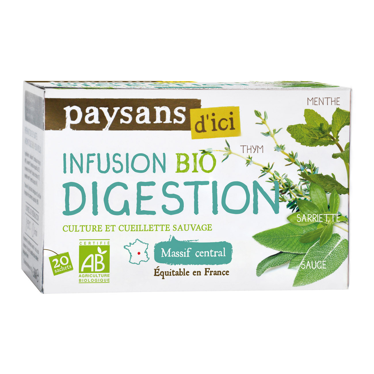 Paysans d'ici Infusion Digestion - Massif Central - Bio - Boîte de 20 sachets