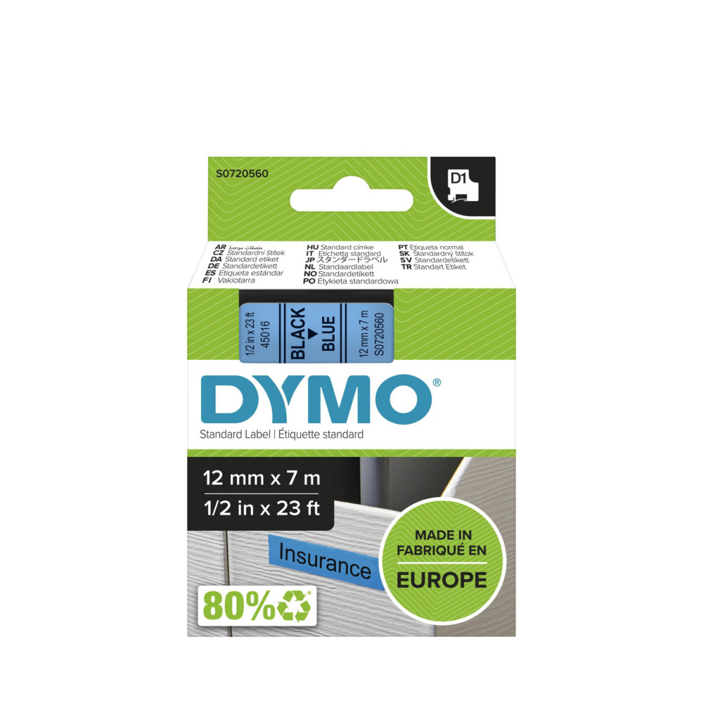 Dymo Ruban D1 S0720560 pour tiqueteuse - 12 mm x 7 m - Noir sur Bleu