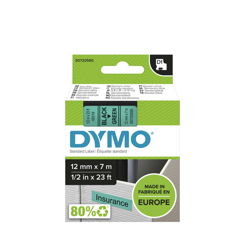 Dymo Ruban D1 S0720590 pour tiqueteuse - 12 mm x 7 m - Noir sur Vert