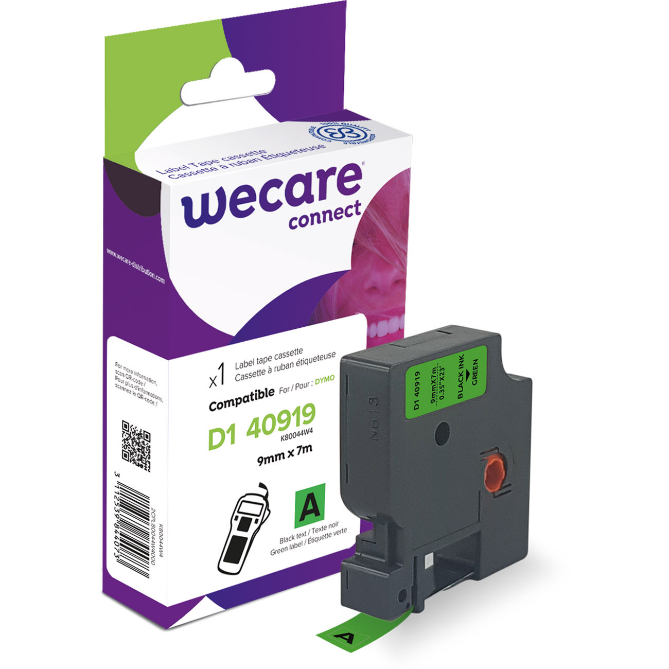 Wecare Ruban compatible D1 Dymo 40919 / S0720740 - 9 mm x 7 m - K80044W4 - Noir sur Vert
