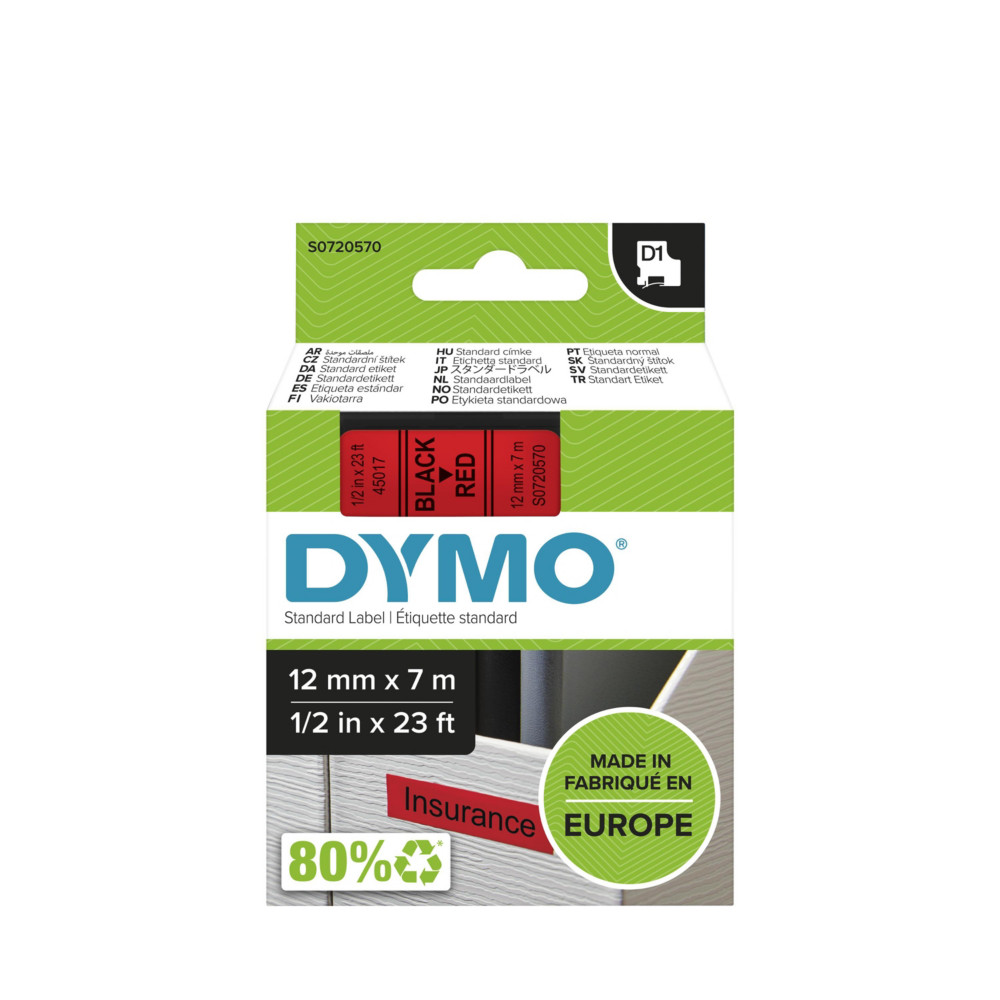 Dymo Ruban D1 S0720570 pour tiqueteuse - 12 mm x 7 m - Noir sur Rouge