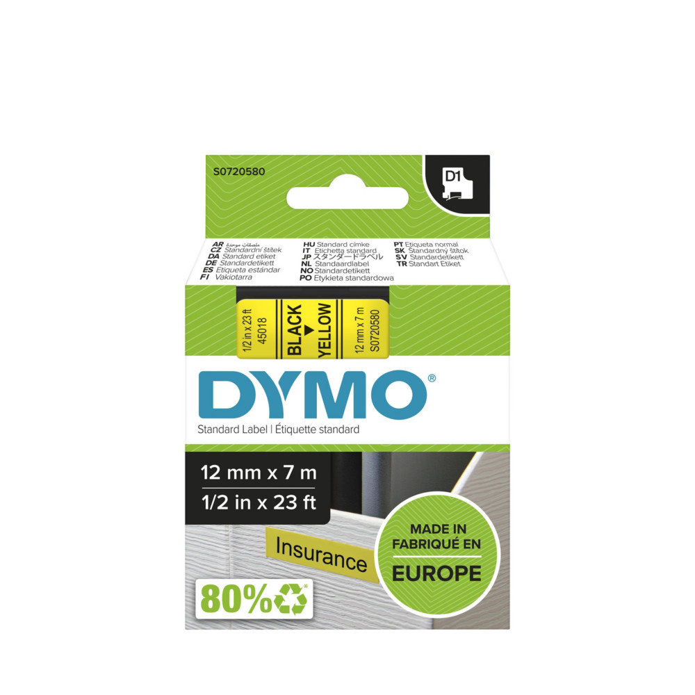 Dymo Ruban D1 S0720580 pour tiqueteuse - 12 mm x 7 m - Noir sur Jaune