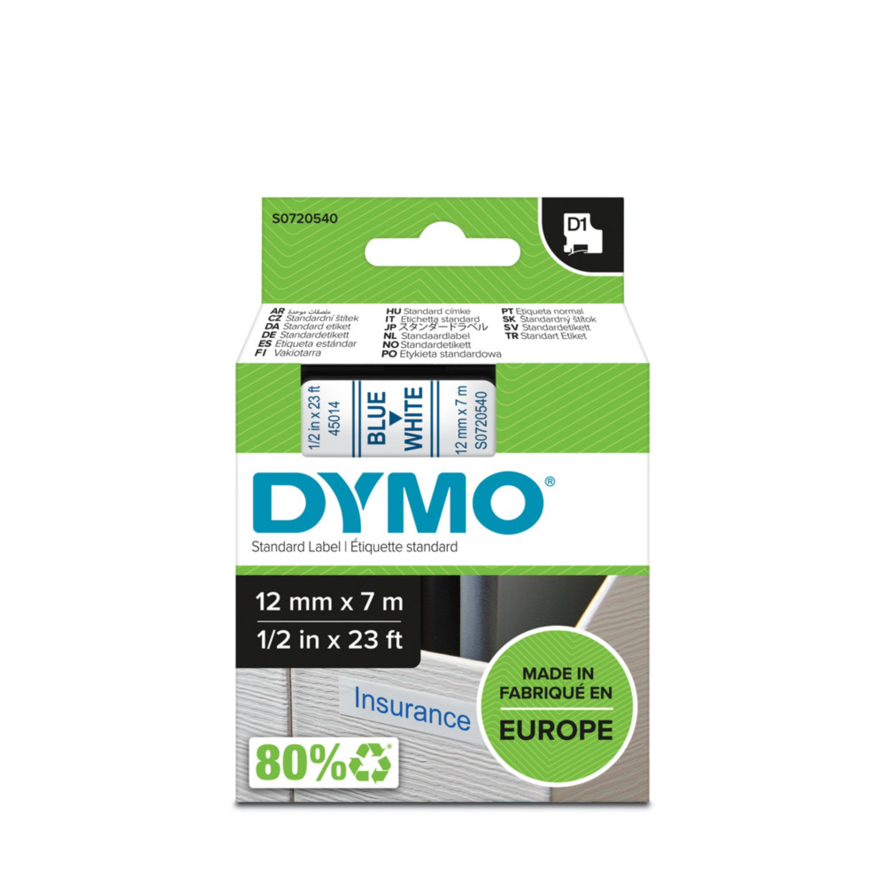 Dymo Ruban D1 S0720540 pour tiqueteuse - 12 mm x 7 m - Bleu sur Blanc