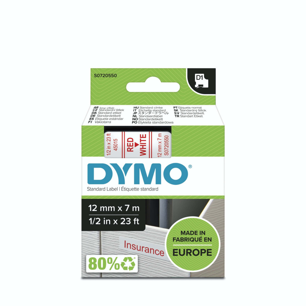 Dymo Ruban D1 S0720550 pour tiqueteuse - 12 mm x 7 m - Rouge sur Blanc