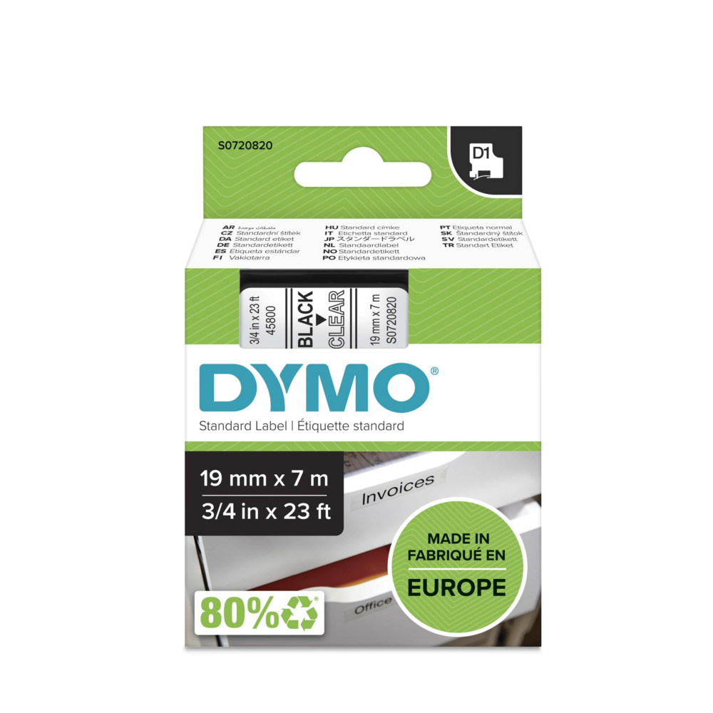 Dymo Ruban D1 S0720820 pour tiqueteuse - 19 mm x 7 m - Noir sur Transparent