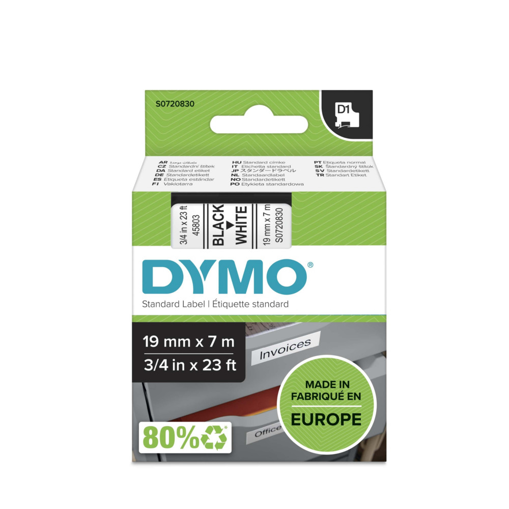 Dymo Ruban D1 S0720830 pour tiqueteuse - 19 mm x 7 m - Noir sur Blanc