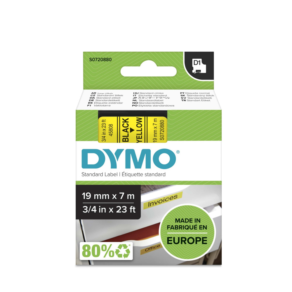 Dymo Ruban D1 S0720880 pour tiqueteuse - 19 mm x 7 m - Noir sur Jaune