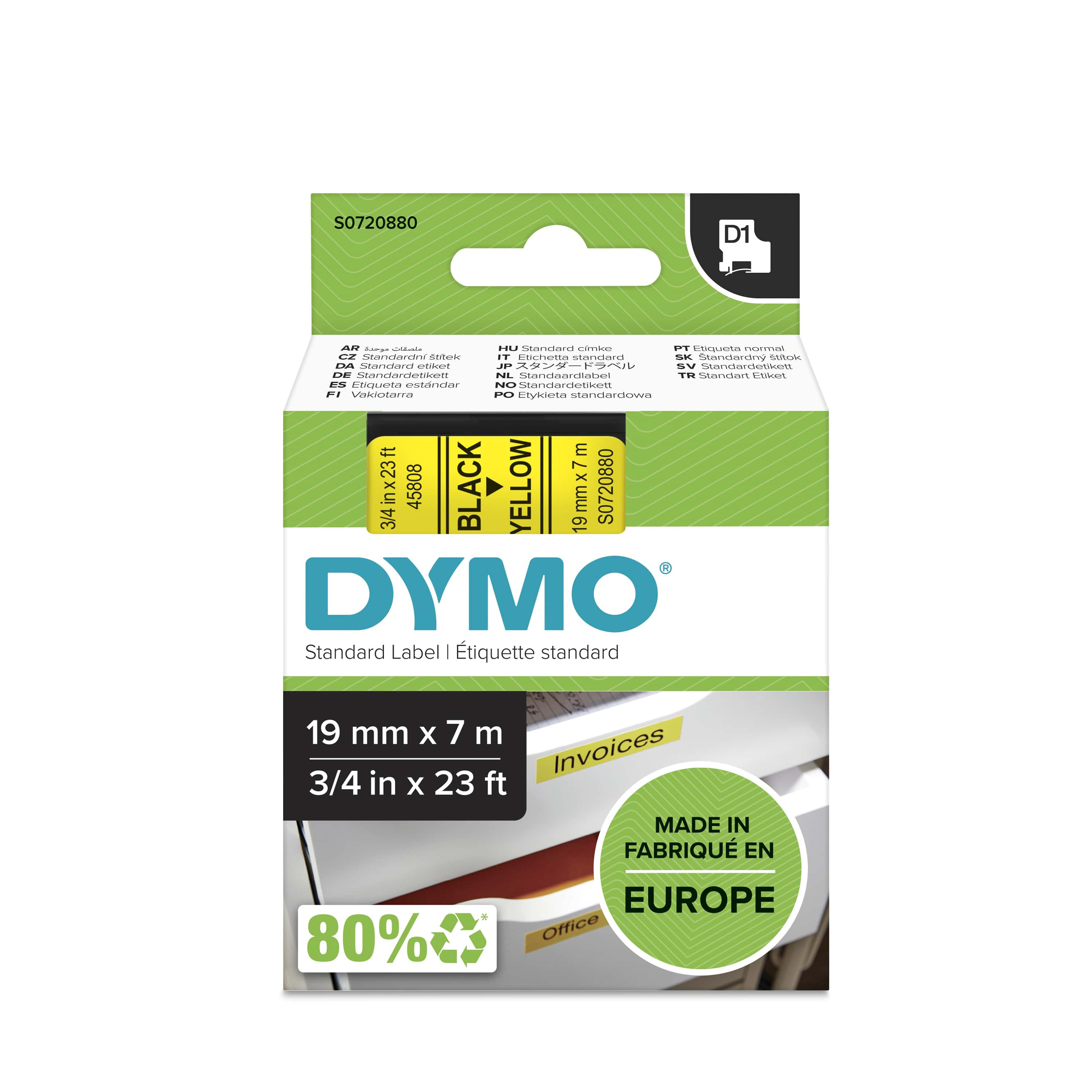 Dymo Ruban D1 S0720880 pour étiqueteuse - 19 mm x 7 m - Noir sur Jaune