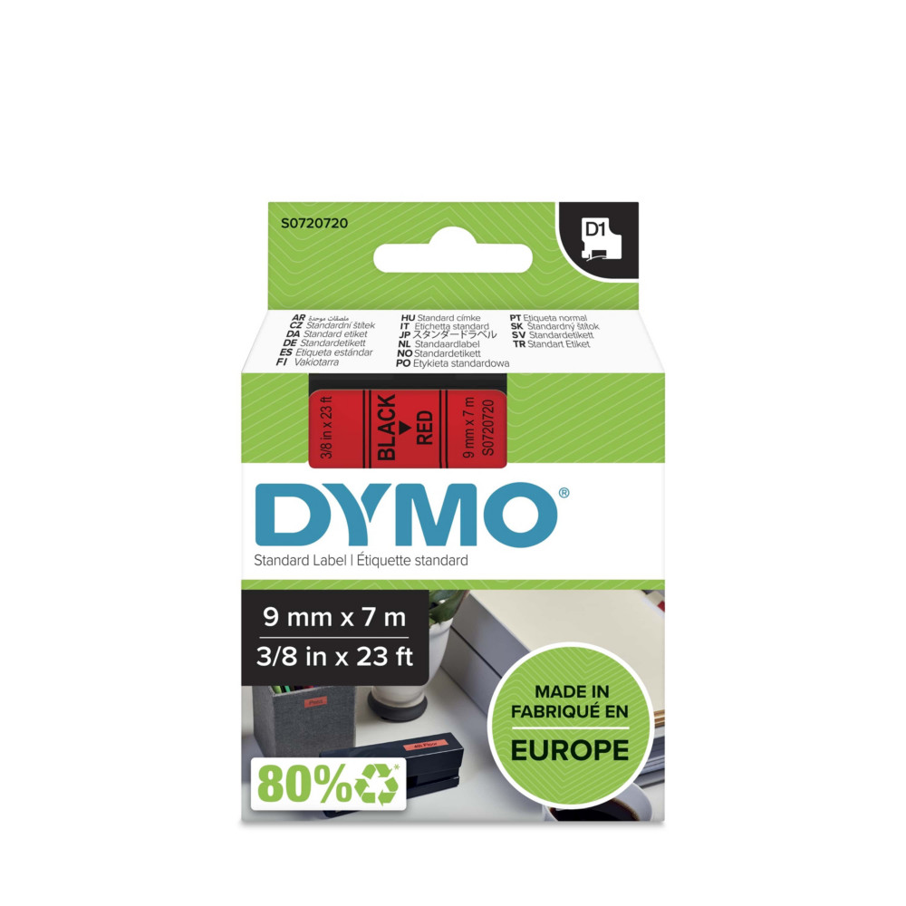 Dymo Ruban D1 S0720720 pour tiqueteuse - 9 mm x 7 m - Noir sur Rouge