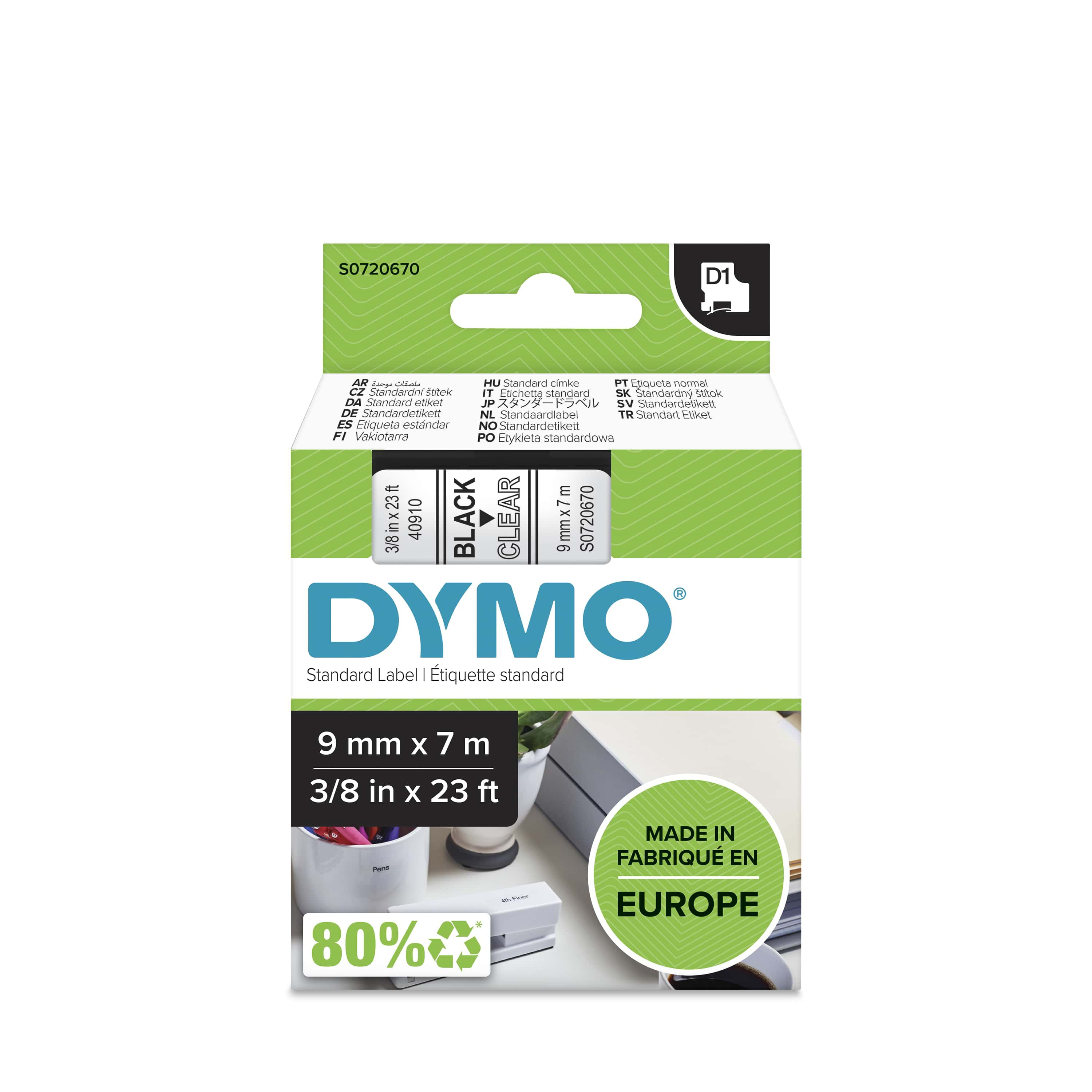 Dymo Ruban D1 S0720670 pour étiqueteuse - 9 mm x 7 m - Noir sur Transparent