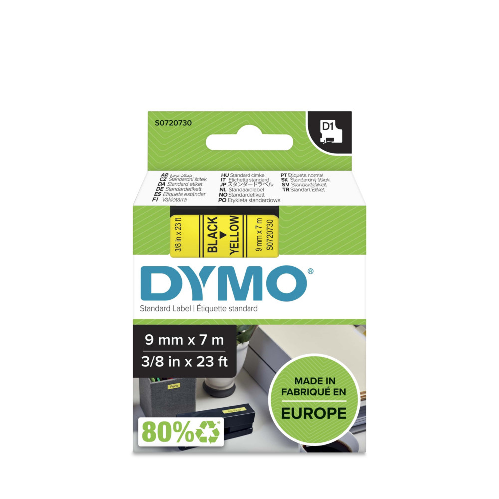 Dymo Ruban D1 S0720730 pour tiqueteuse - 9 mm x 7 m - Noir sur Jaune