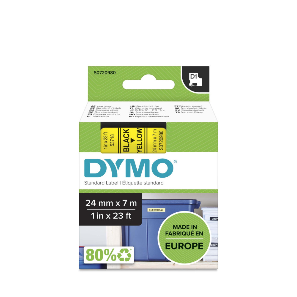 Dymo Ruban D1 S0720980 pour tiqueteuse - 24 mm x 7 m - Noir sur Jaune