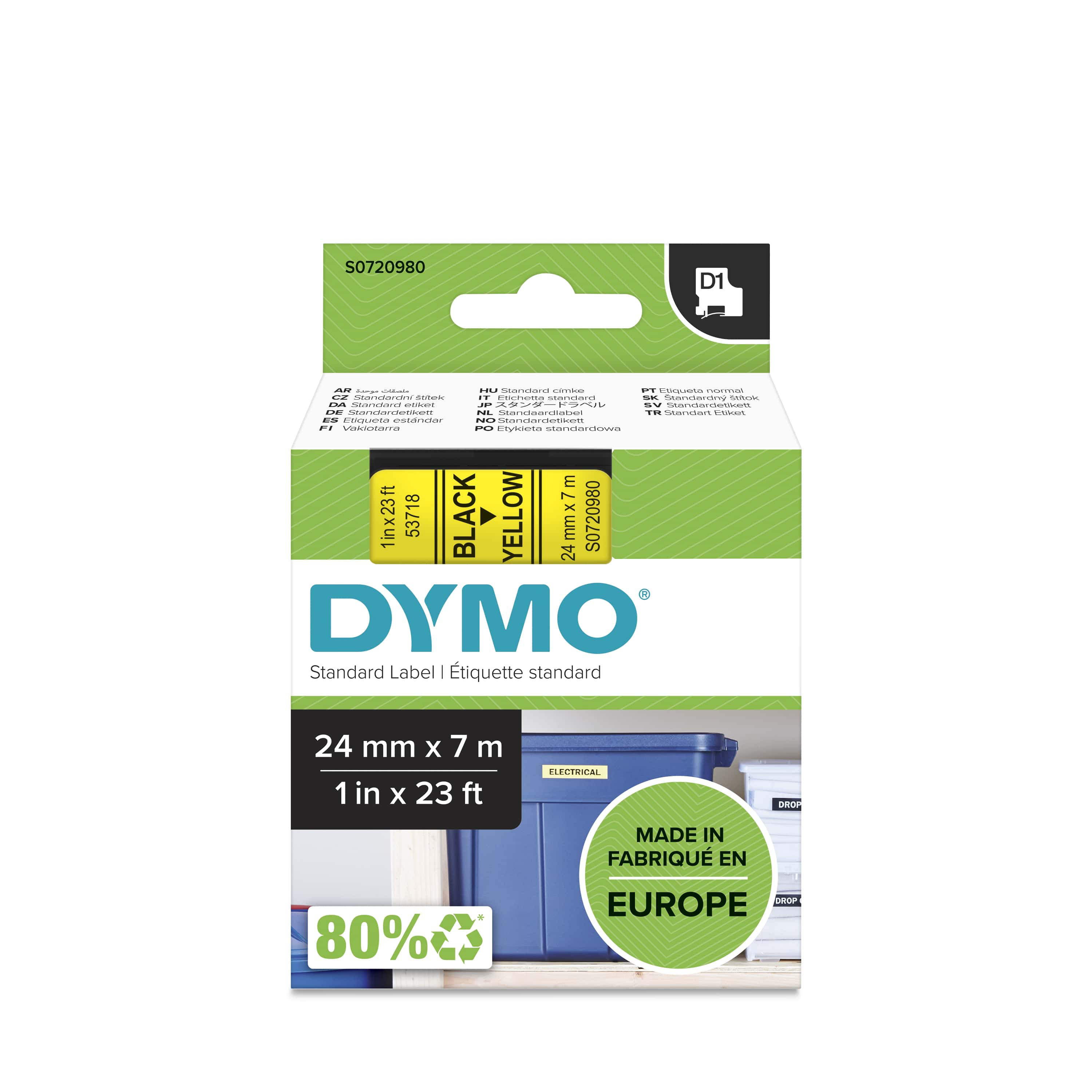 Dymo Ruban D1 S0720980 pour étiqueteuse - 24 mm x 7 m - Noir sur Jaune