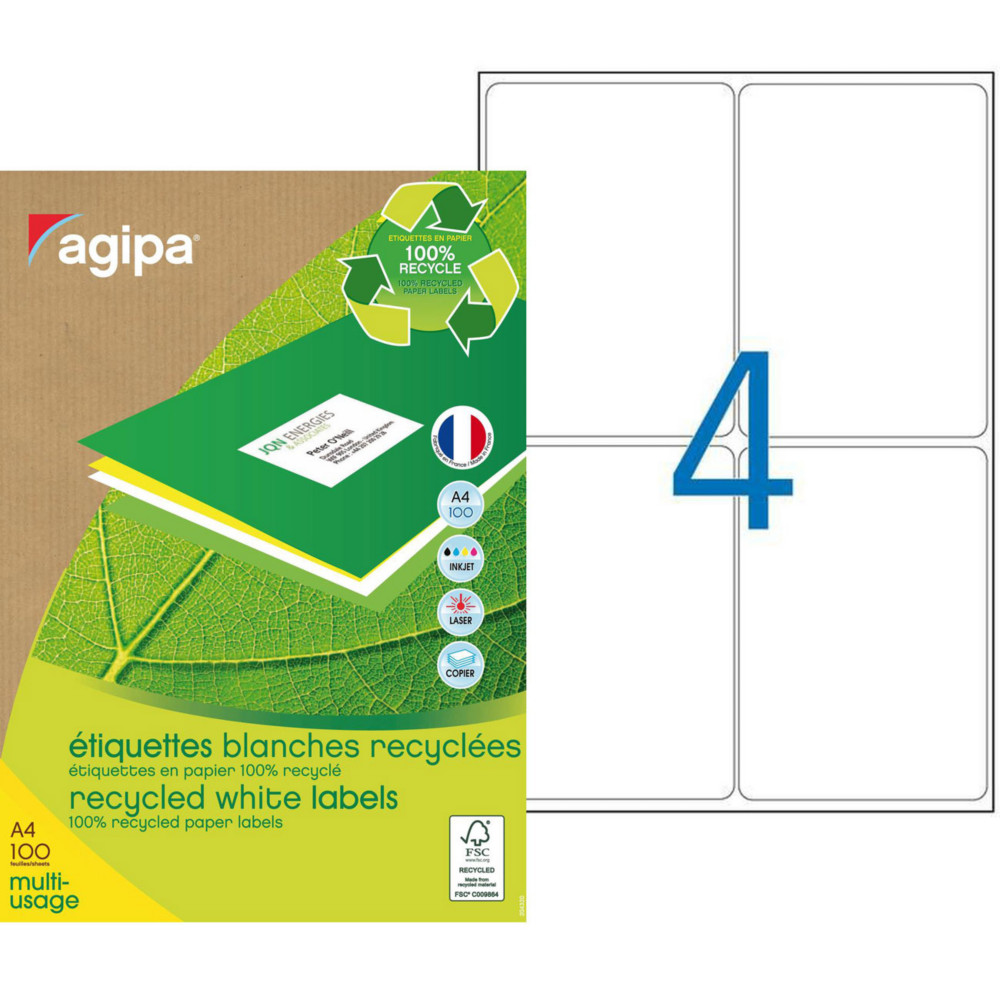 AGIPA 102649 Etiquettes blanches recycles multi-usage 99,1 x 139 mm - Bote de 400