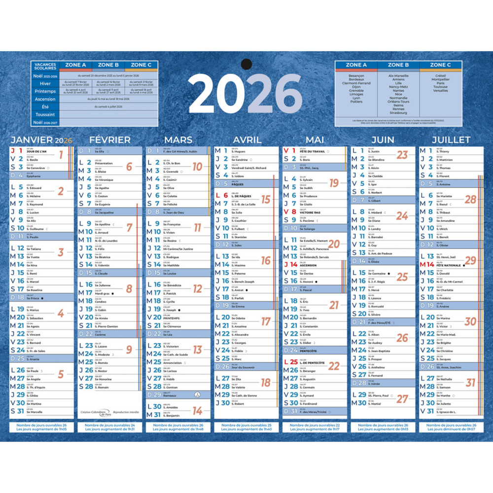 Bouchut Calendrier mural annuel (7 mois / face) - Bleu - 21 x 26,5 cm - 2026