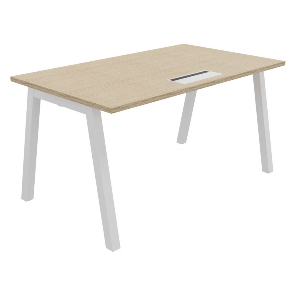 Bureau droit Burocolor A avec trappe d'accs - L.140 x P.80 cm - Plateau Chne - Pieds  Blanc