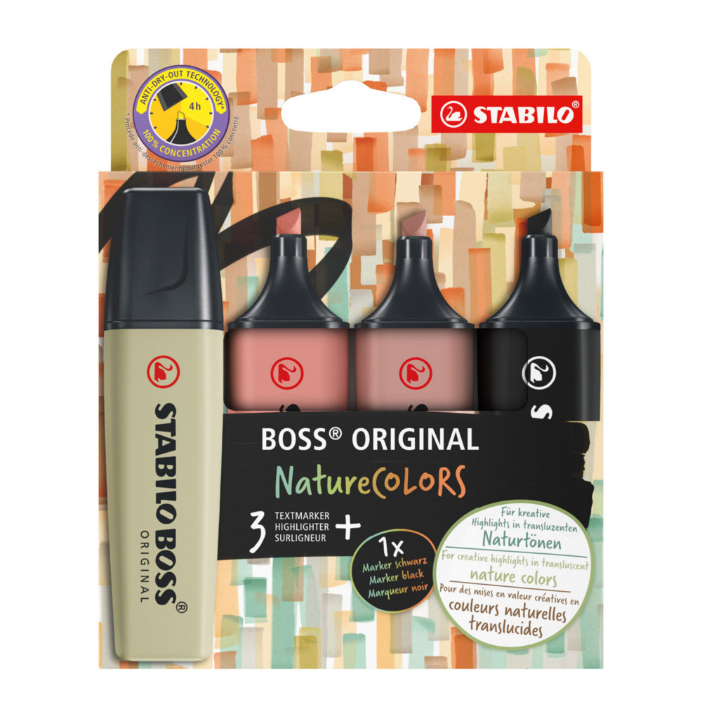 STABILO Boss Original - Surligneur pointe biseaute 2 et 5 mm - Coloris assortis Nature : Marron Orange Vert Noir - Pochette de 4
