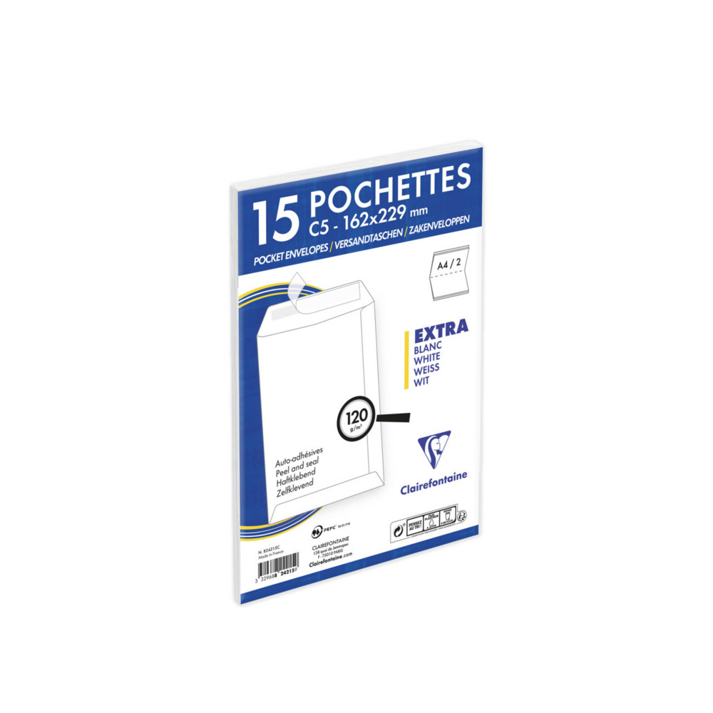 Clairefontaine Pochette blanche recycle C5 162 x 229 mm 120g sans fentre - Autocollante avec bande protectrice - Lot de 15