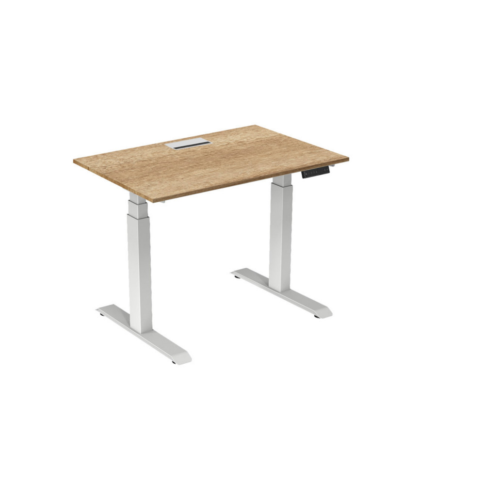 Bureau assis-debout Activ'o - Rglage lectrique en hauteur - L.120 x P.80 cm - Plateau Chne Nebraska avec top access - Pieds mtal Blanc