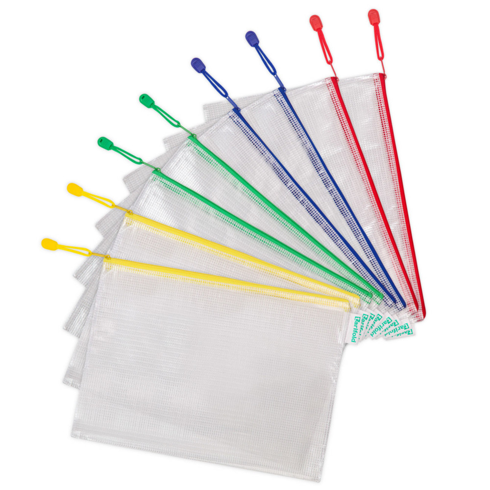 Djois Lot de 8 Pochettes PVC de rangement Zipper  fermeture clair - Indchirable - format  A4 - Assortis